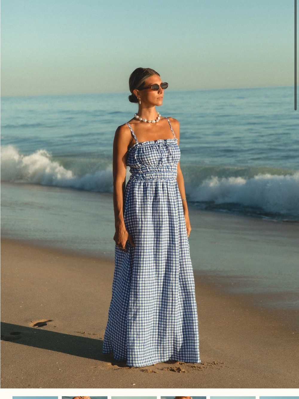 Blue Gingham Maxi Dress with Smocked Bodice and Tie Straps